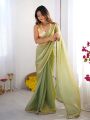 Olive Golden Green  Party Wear Organza Stylish Sarees