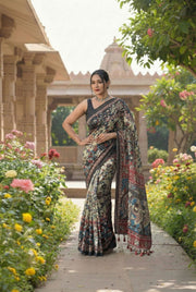 Olive Green & Maroon Kalamkari Printed Saree with Artistic Border