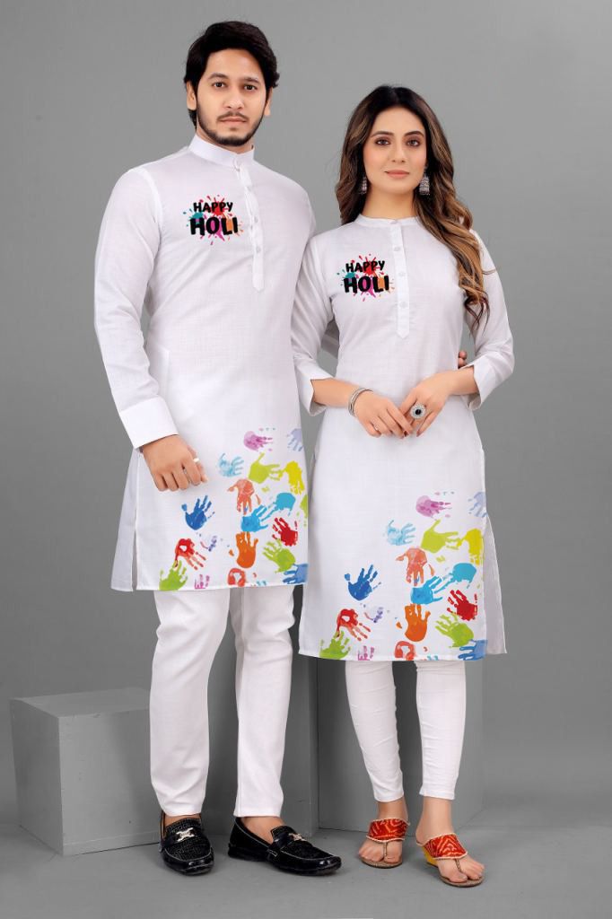 Colorful Handprint Holi Couple Kurta Set