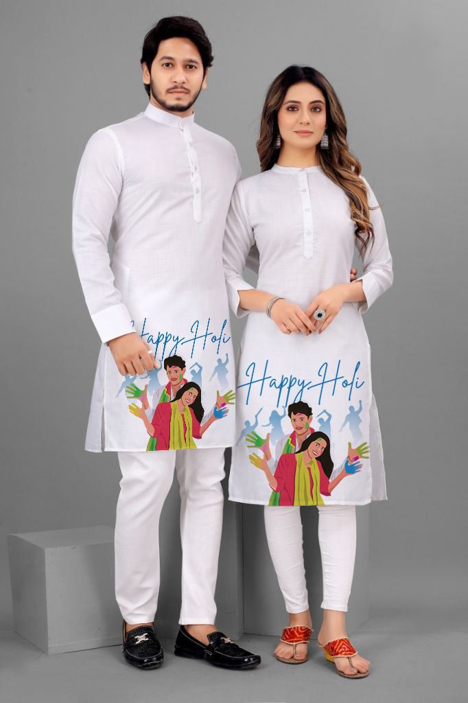 Happy Holi Celebration Printed Couple Kurta Set