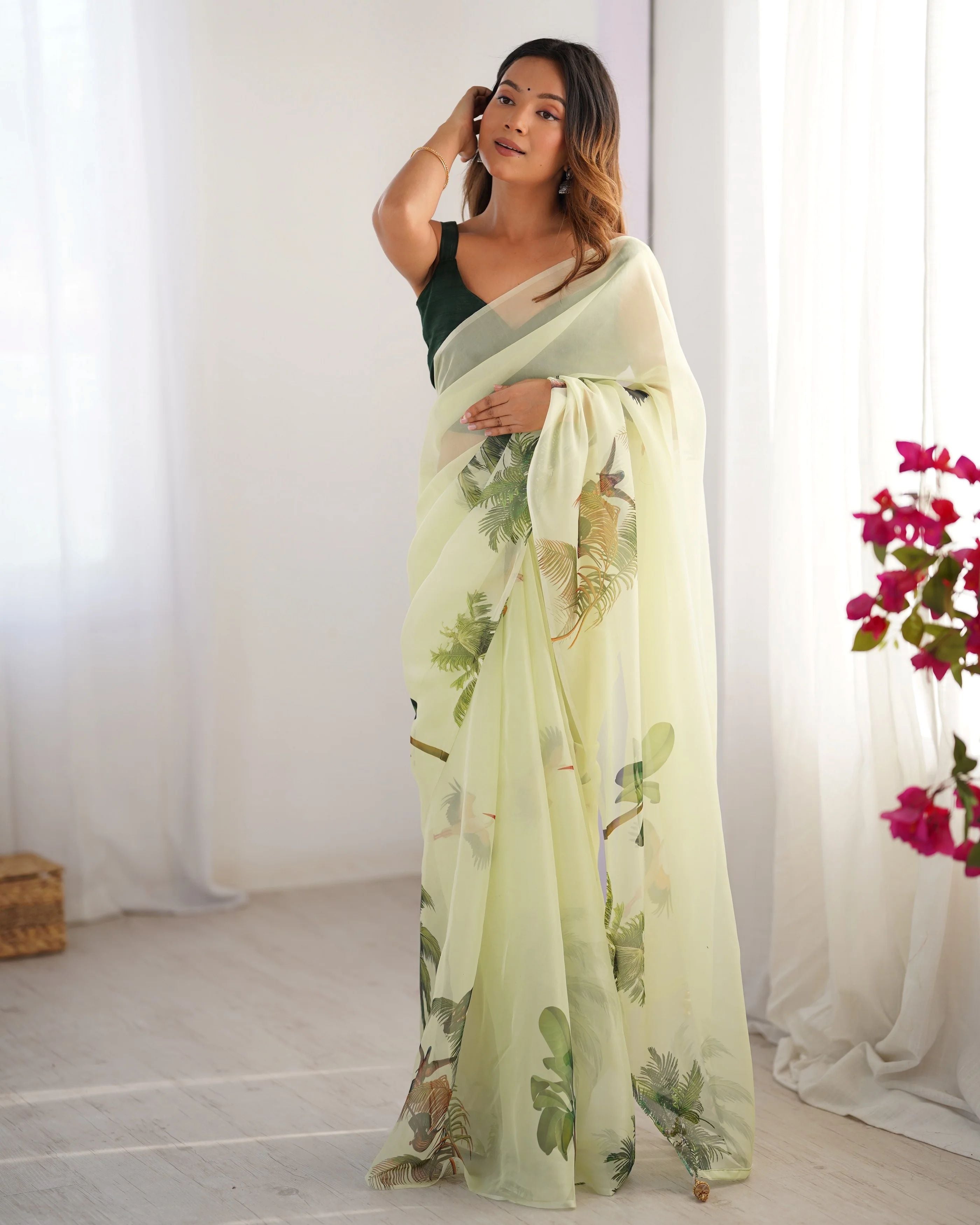 Pastel Botanical Elegance SareeOrganza Printed Party Wear Stylish Saree