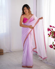 Pastel Lilac Saree with Pink and Gold Accents Organza Net Saree