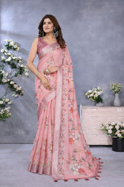 Pastel Pink Linen Saree With Floral Print