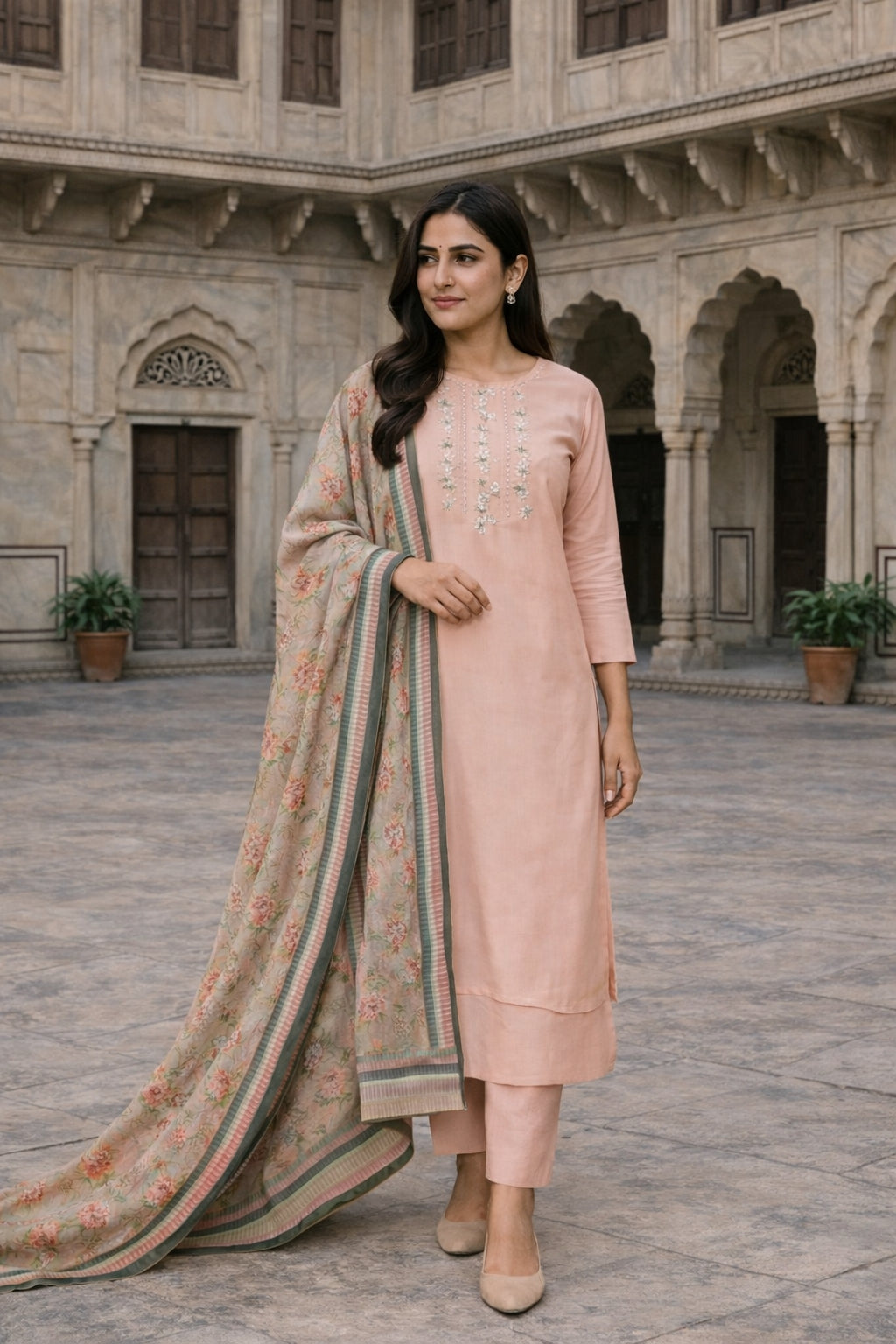 Peach Embroidered Straight Kurta Set with Dupatta