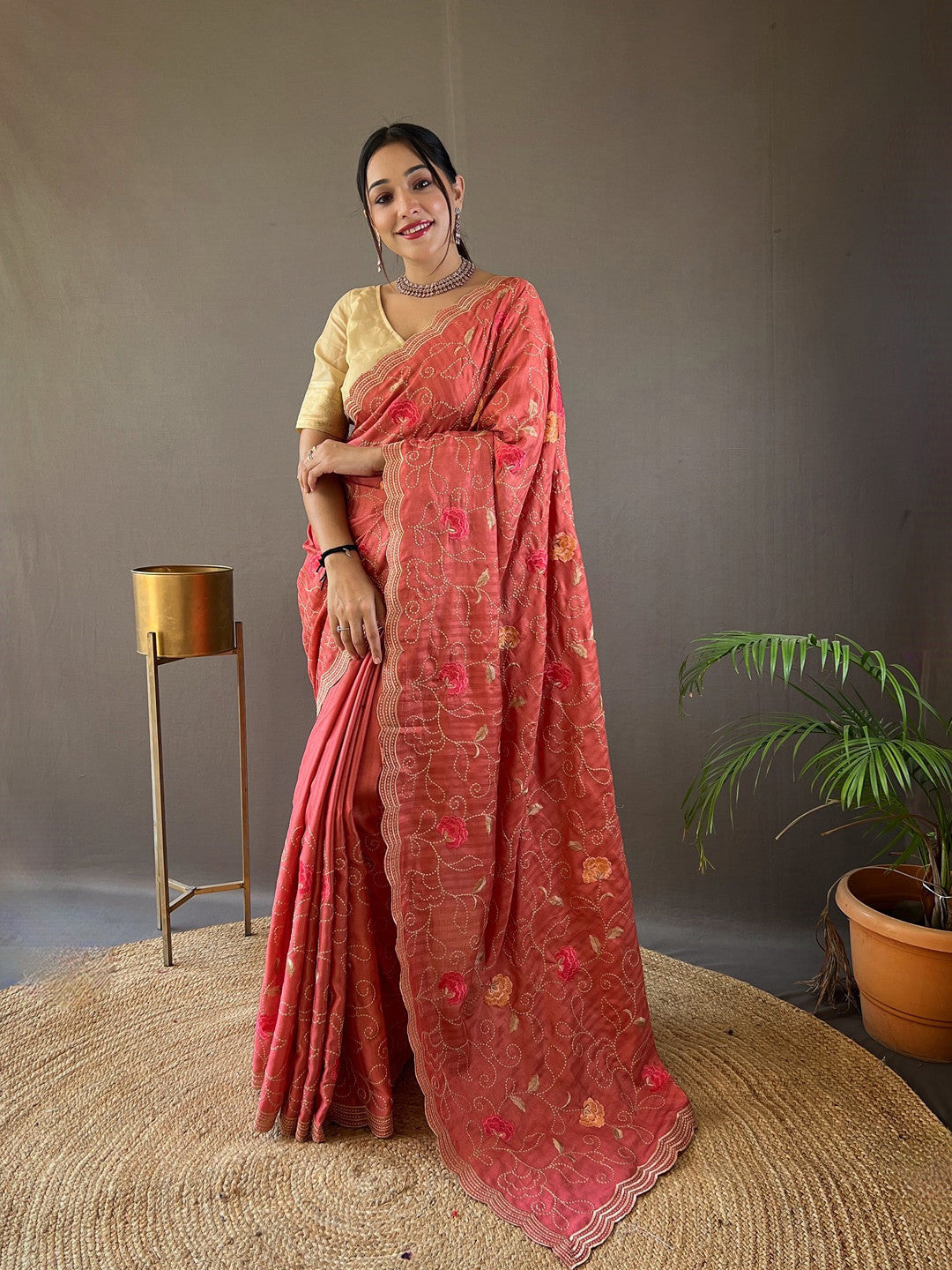 Peach Floral Swirl Embroidered Tussar Silk Saree