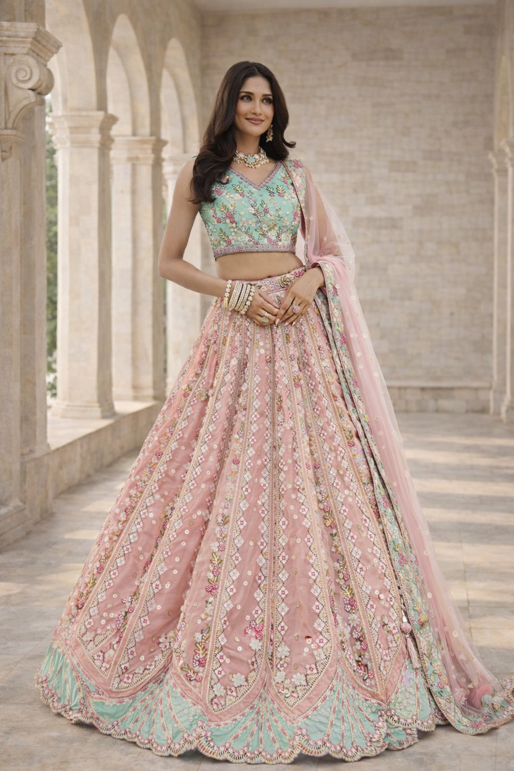 Peach Pink & Mint Heavy Embroidered Floral Designer Lehenga