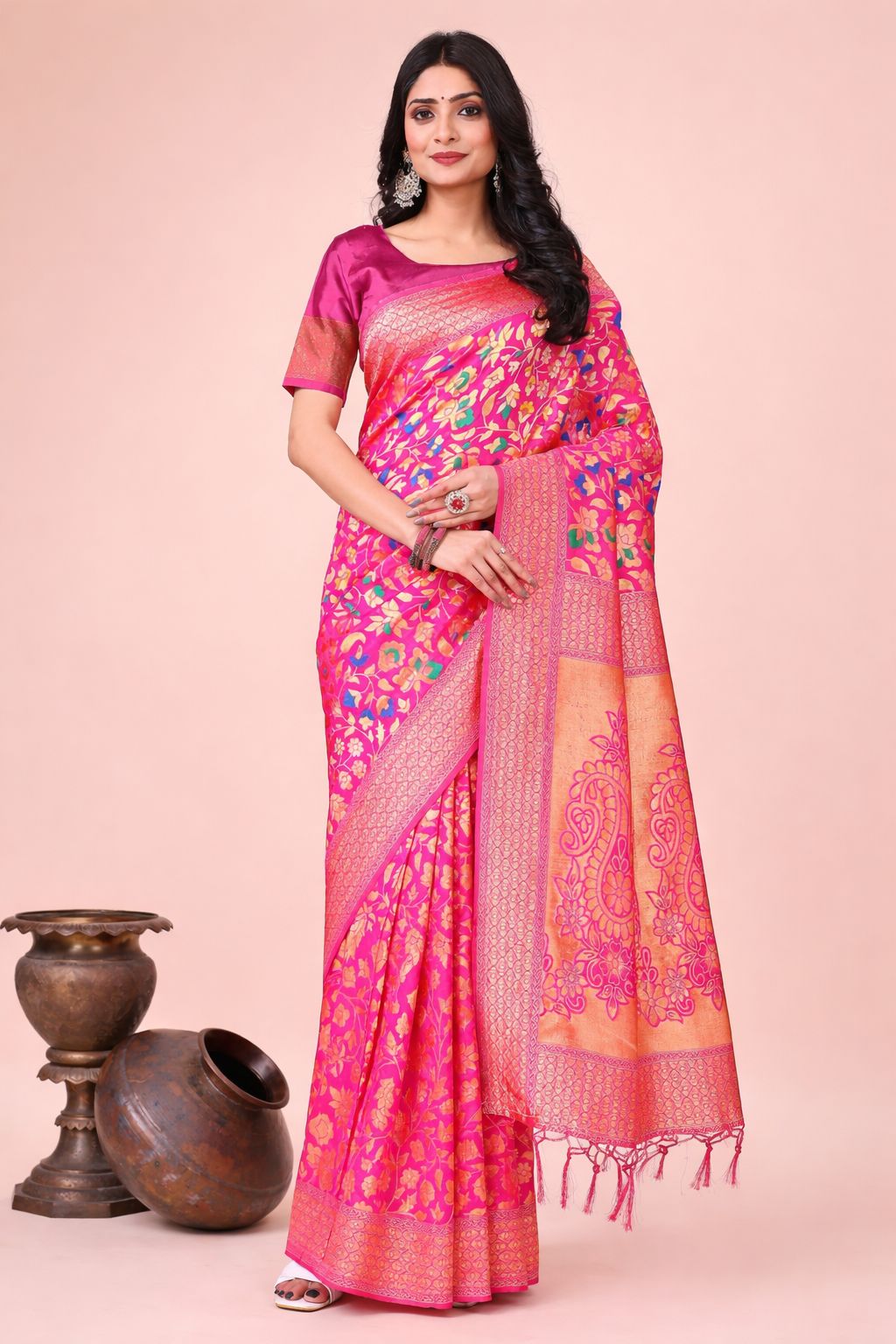 Pink Kashmiri Traditional Wear Lichi Silk Saree