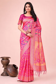 Pink Kashmiri Traditional Wear Lichi Silk Saree