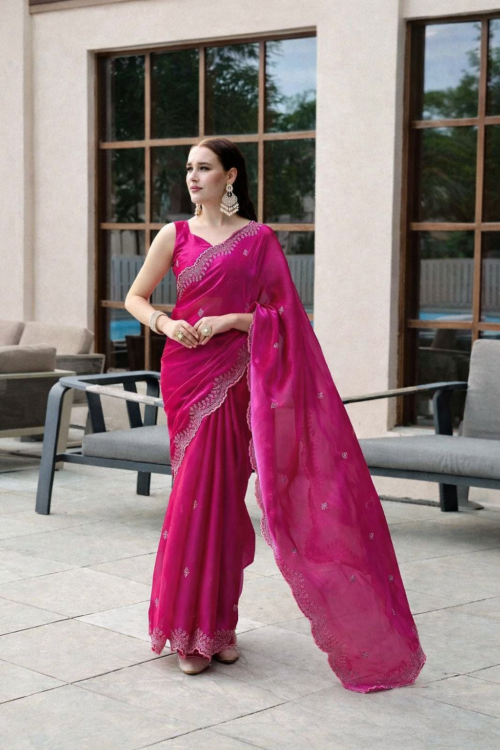 Rani Pink Shimmer Chiffon Saree