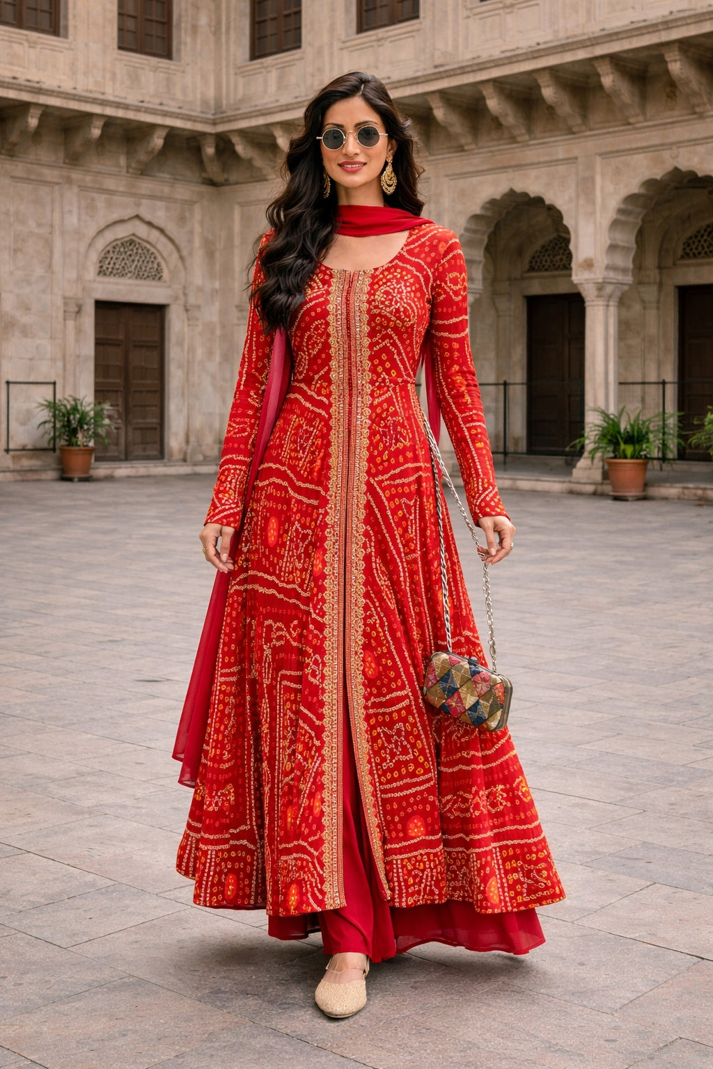 Red Printed Anarkali Kurta Set with Dupatta