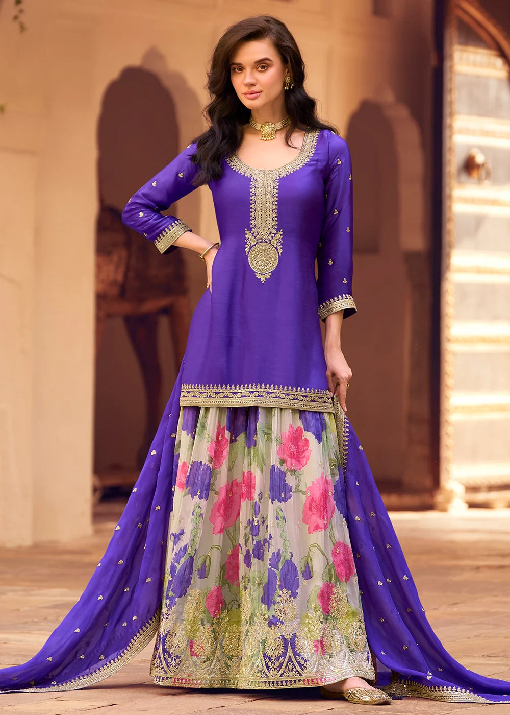 Royal Blue Embroidered Kurti With Floral Sharara & Dupatta Set