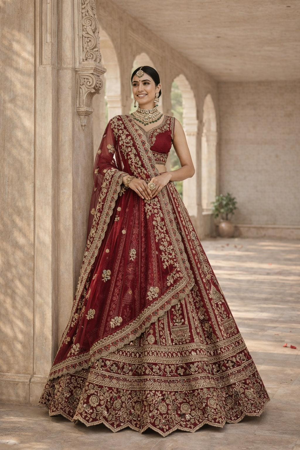 Royal Maroon Zari Weaving Bridal Lehenga Set