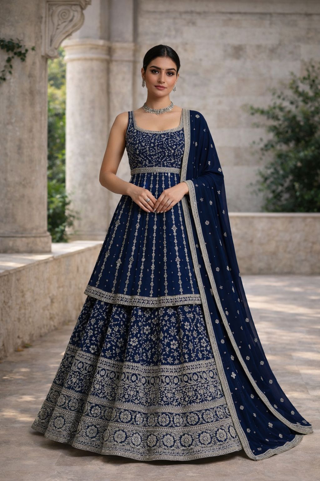 Royal Navy Blue Embroidered Traditional Lehenga Set