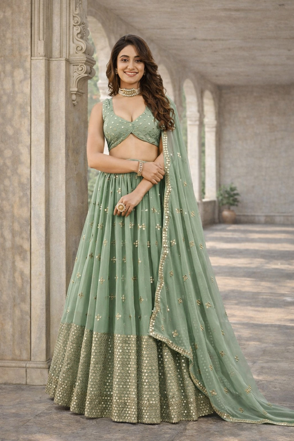 Sage Green Georgette Mirror Work Wedding Wear Lehenga Choli
