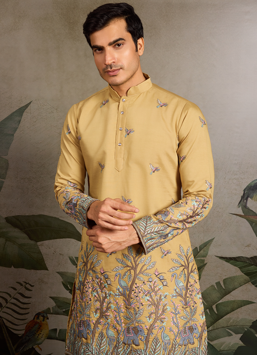 Royal Mustard Forest Embroidered Men’s Kurta