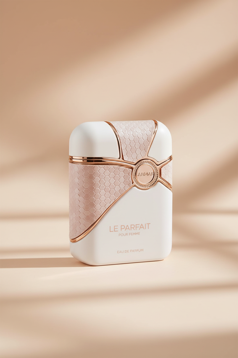 Perfume bottle with white and rose gold design on a white background