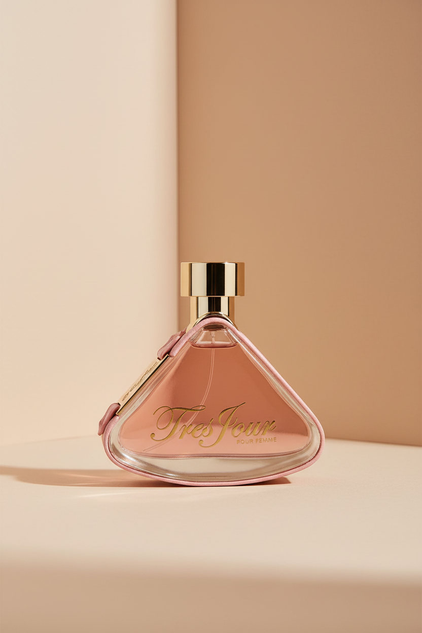 Pink and gold Tres Jour perfume bottle on a white background
