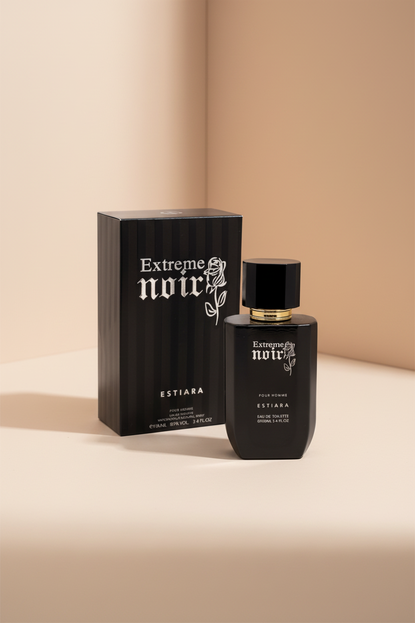 Estiara Extreme Noir perfume bottle and packaging on a white background