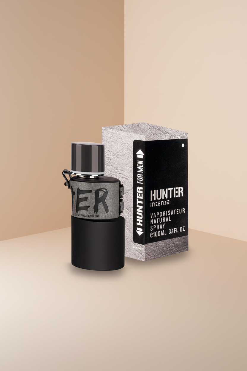 Hunter perfume bottle and packaging on a white background