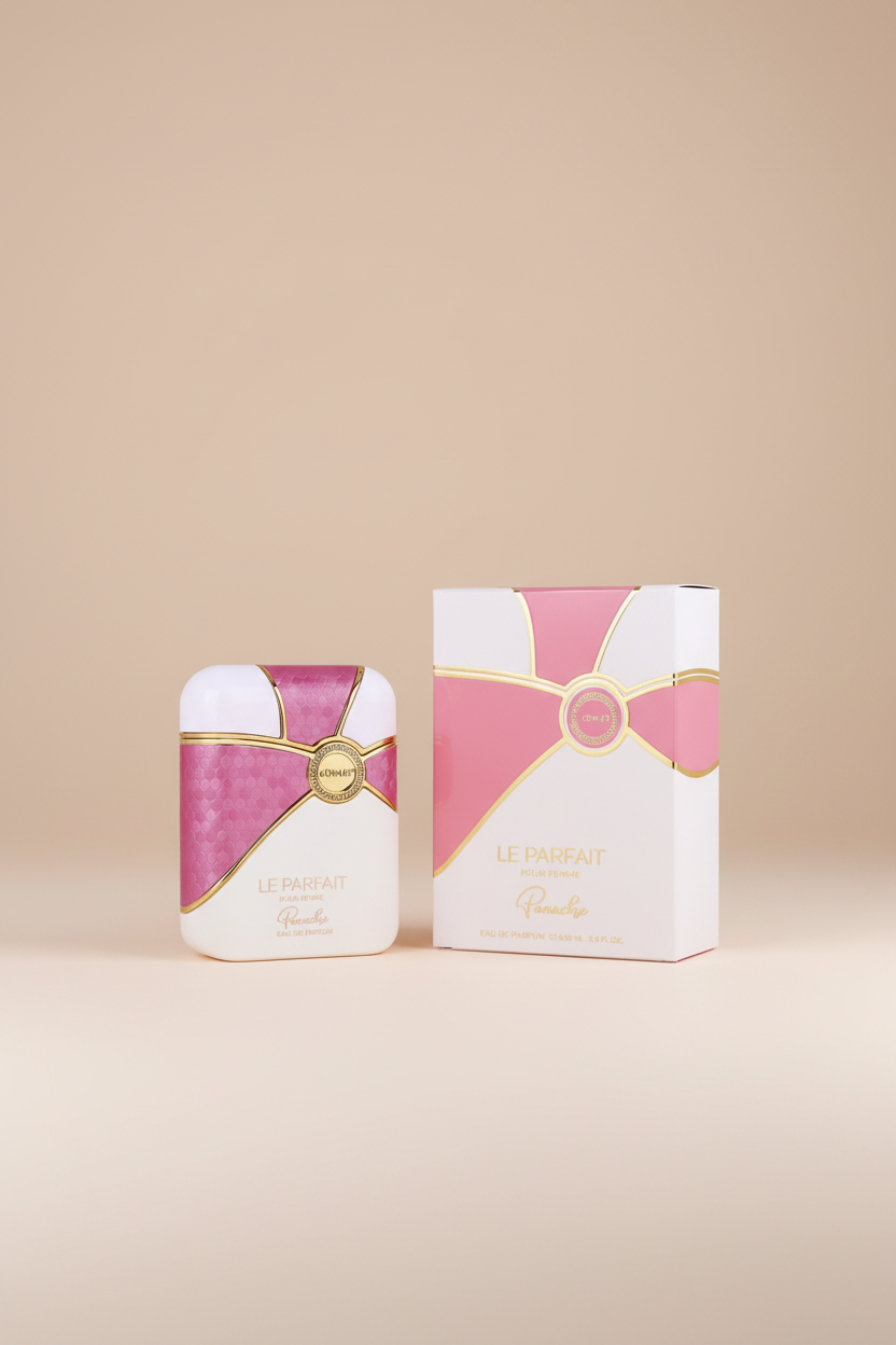 Armaf Le Parfait perfume packaging with pink and white design