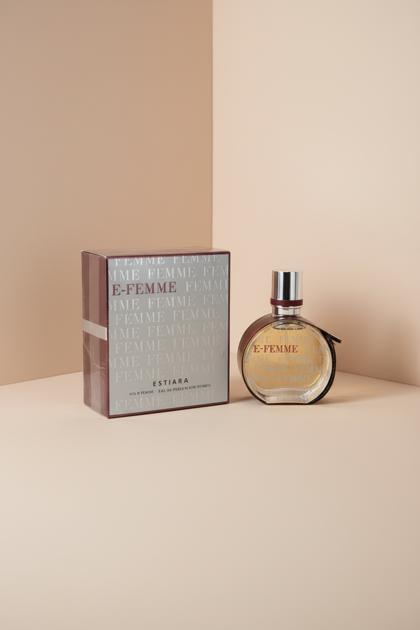 Estiara E-Femme perfume bottle and packaging on a white background