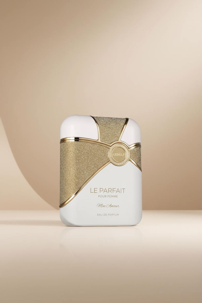 Perfume bottle labeled 'Le Parfait' with gold and white design on a white background