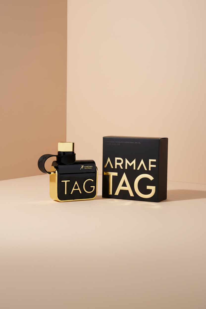 Black and gold Armaf Tag perfume bottle and packaging on a white background