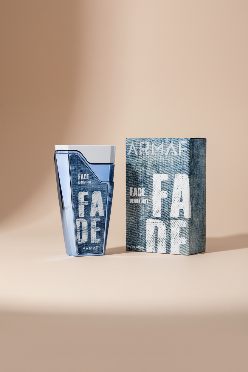 Armaf Fade Denim Edit perfume bottle and packaging on a white background
