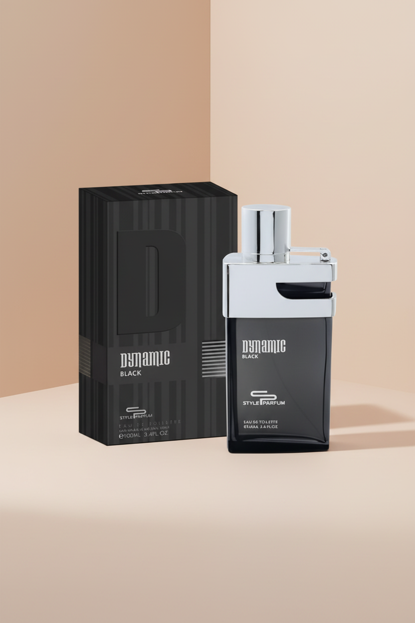 Perfume bottle and packaging labeled 'Dynamic Black' on a white background