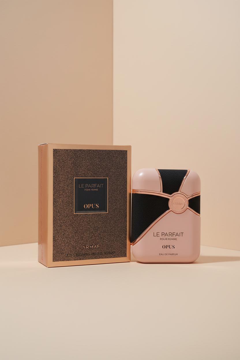 Opus perfume bottle and packaging on a white background