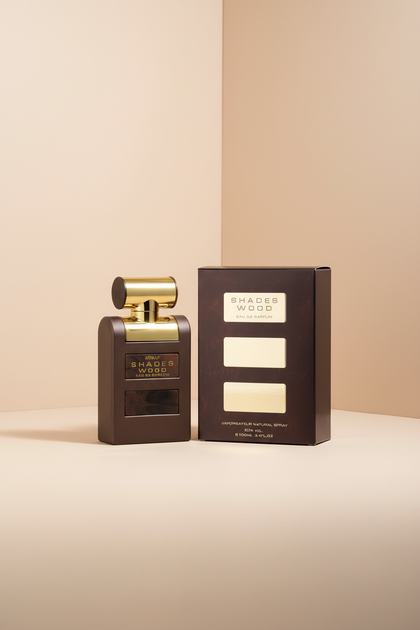 ARMF Shades Wood perfume bottle and packaging on a white background