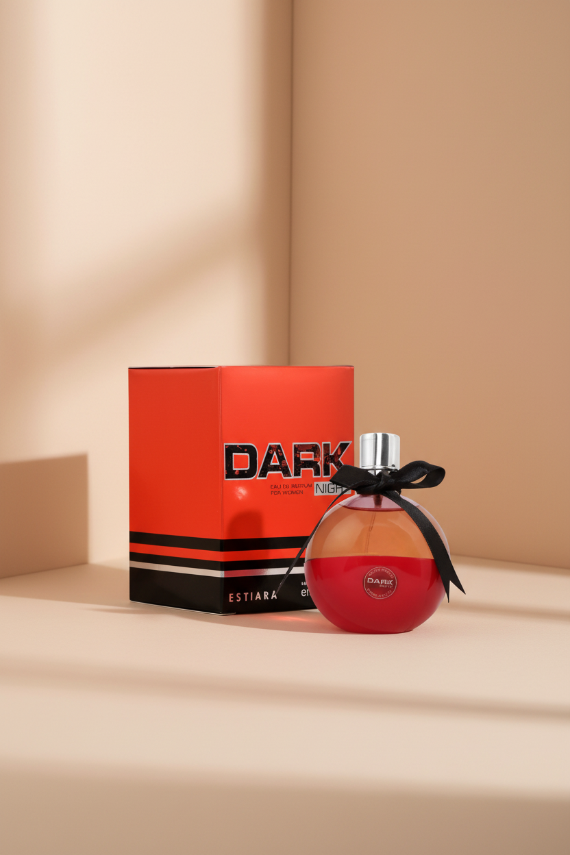 Perfume bottle with a black bow and packaging labeled 'Dark' by Estiara on a white background.