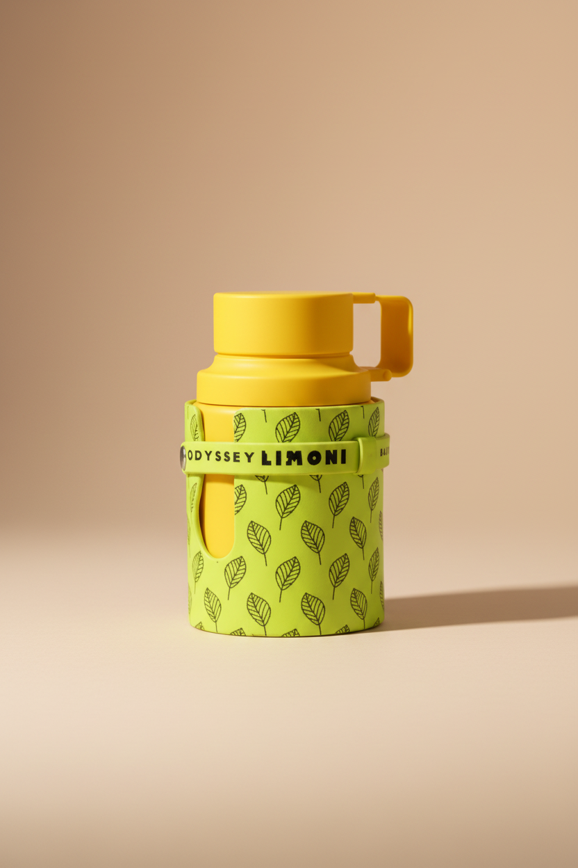 Yellow and green thermos with leaf pattern on a white background