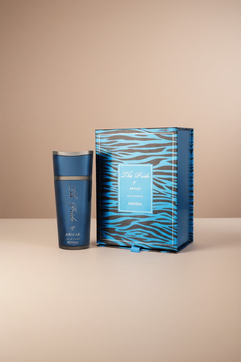 Blue perfume bottle and packaging with zebra pattern on a white background