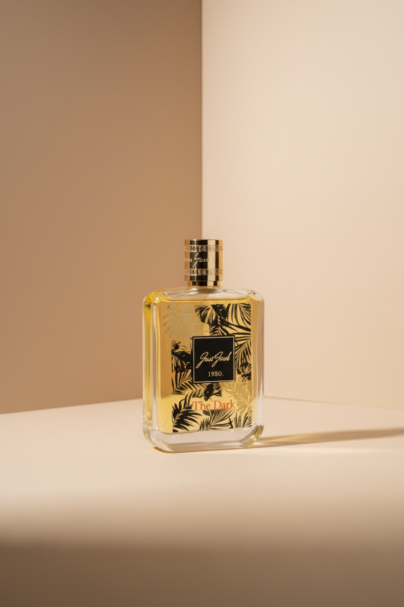 Perfume bottle with gold and black design on a white background