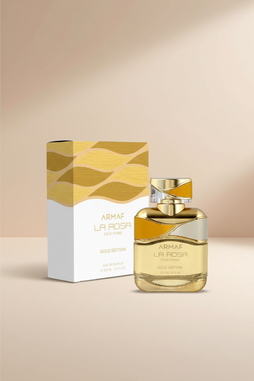 Gold Armaf La Rosa perfume bottle and packaging on a white background