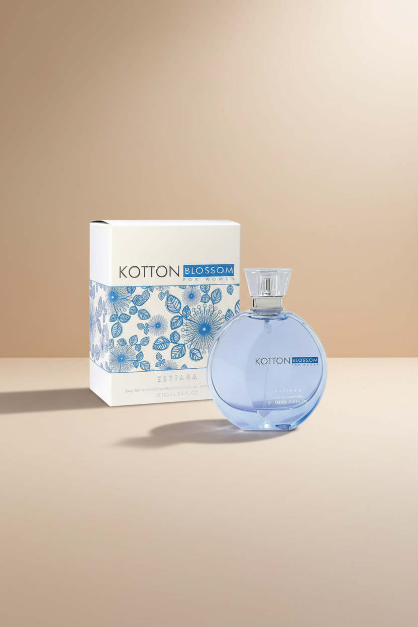 Kotton Blossom perfume bottle and packaging on a white background
