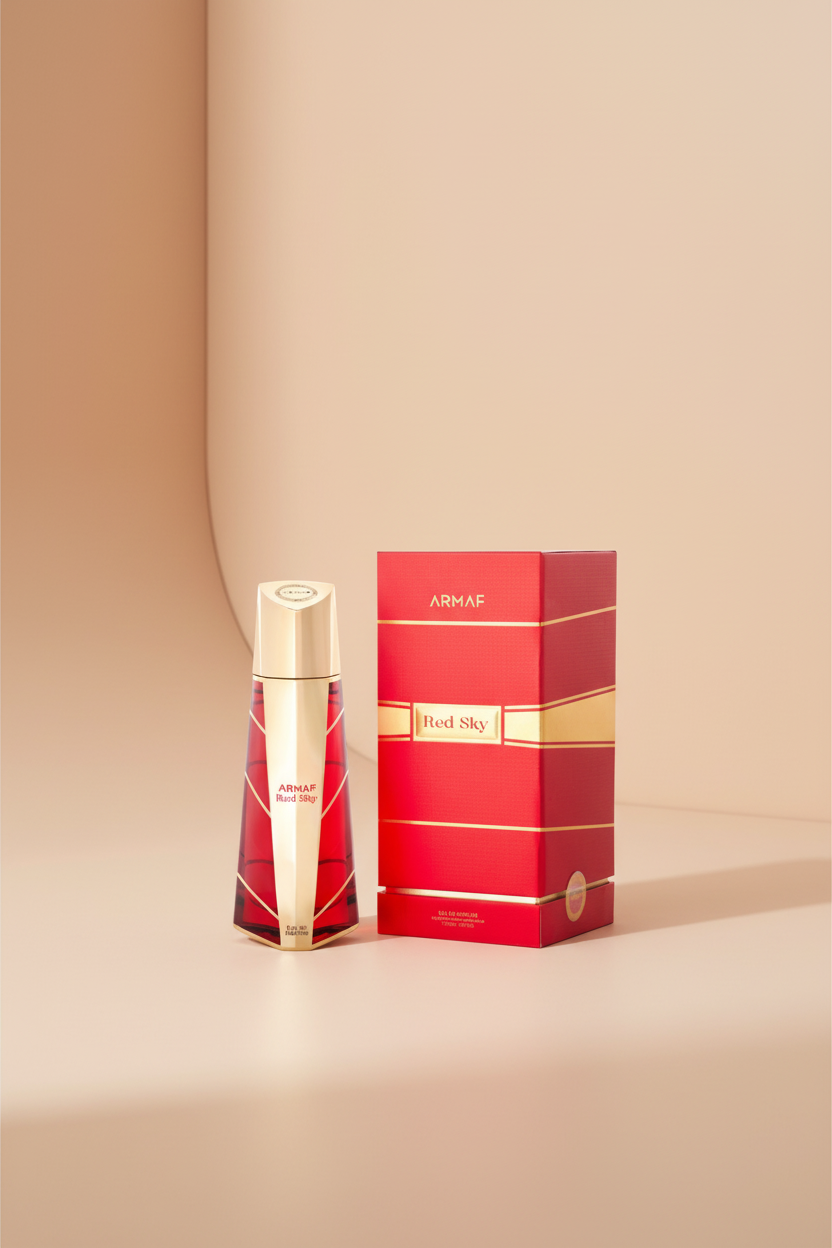 Red perfume bottle and box with 'Armaf' branding on a white background