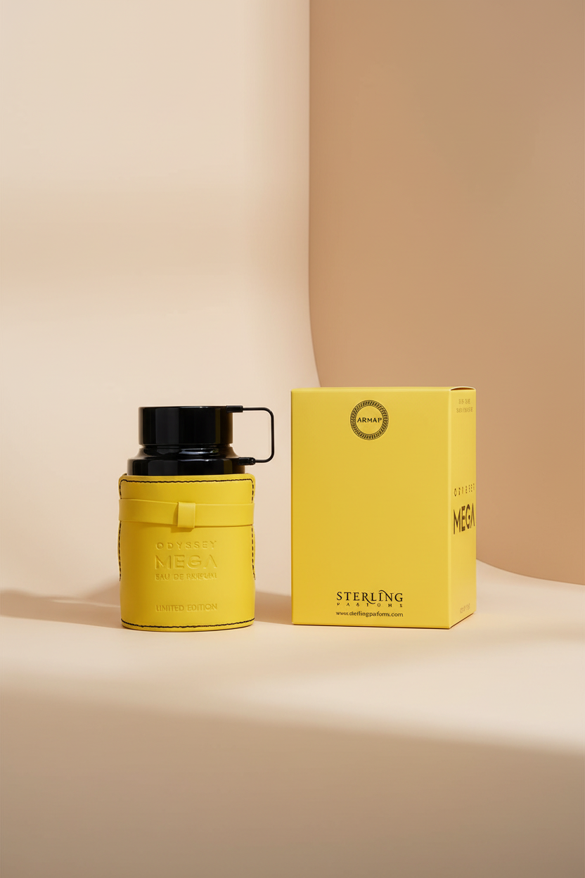Yellow perfume bottle and packaging with 'Sterling Parfums' branding.