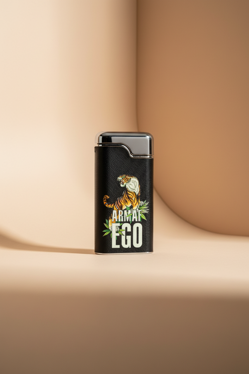 Lighter with tiger design and 'Armat Ego' text on a black background