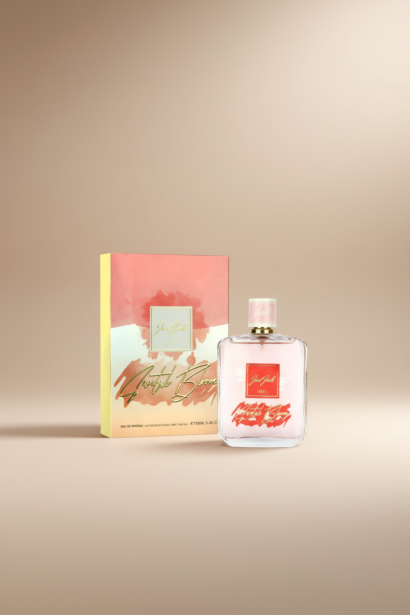 Perfume bottle and packaging with 'Sweet Blush' design on a white background