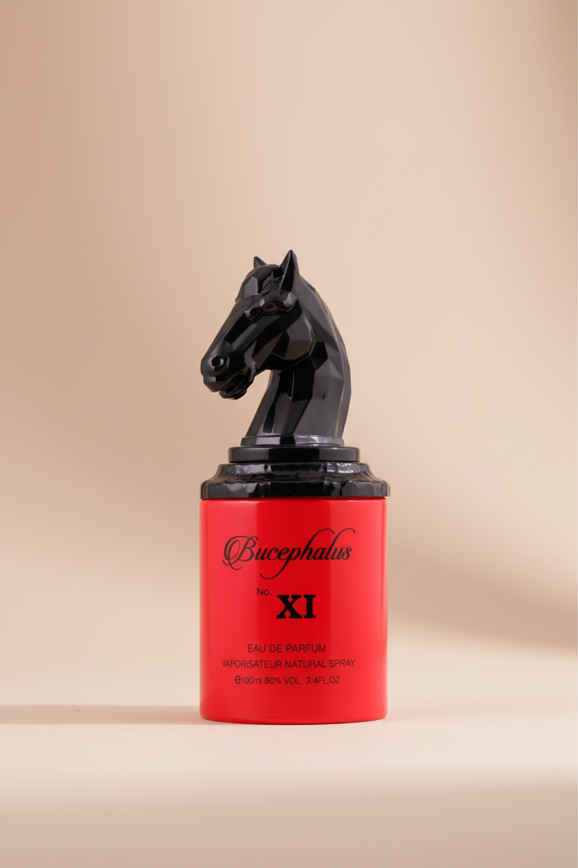 Red perfume bottle with black horse head design on a white background