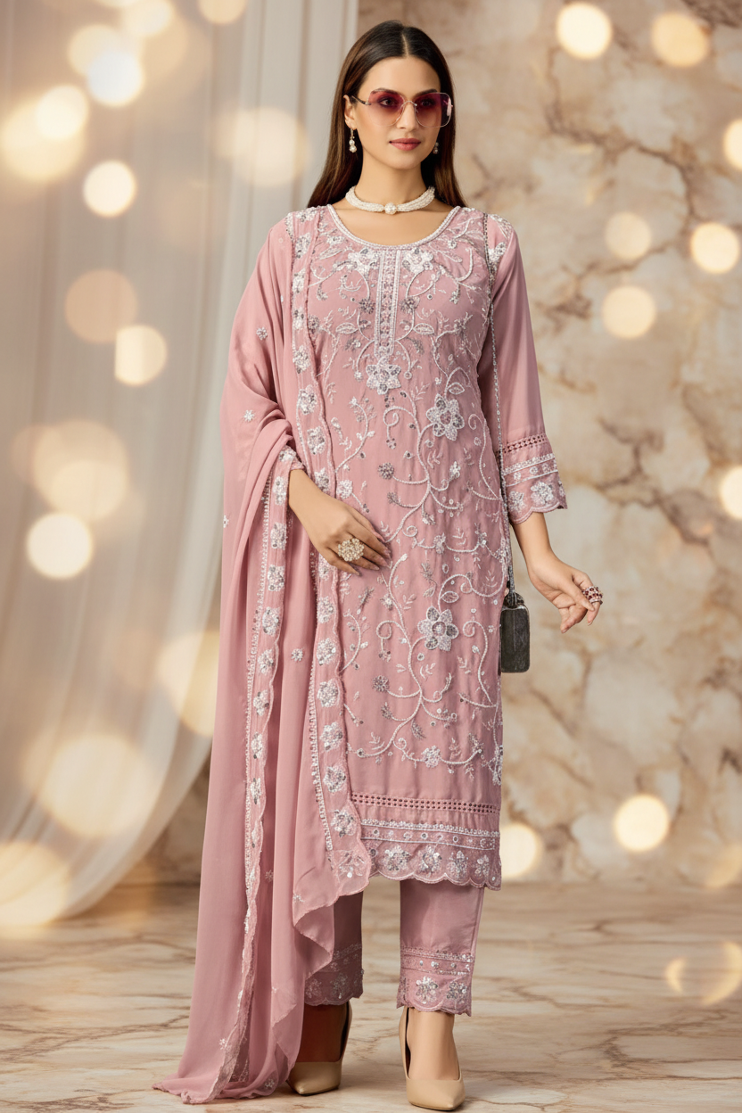 Pink Embroidered Salwar Suit Set