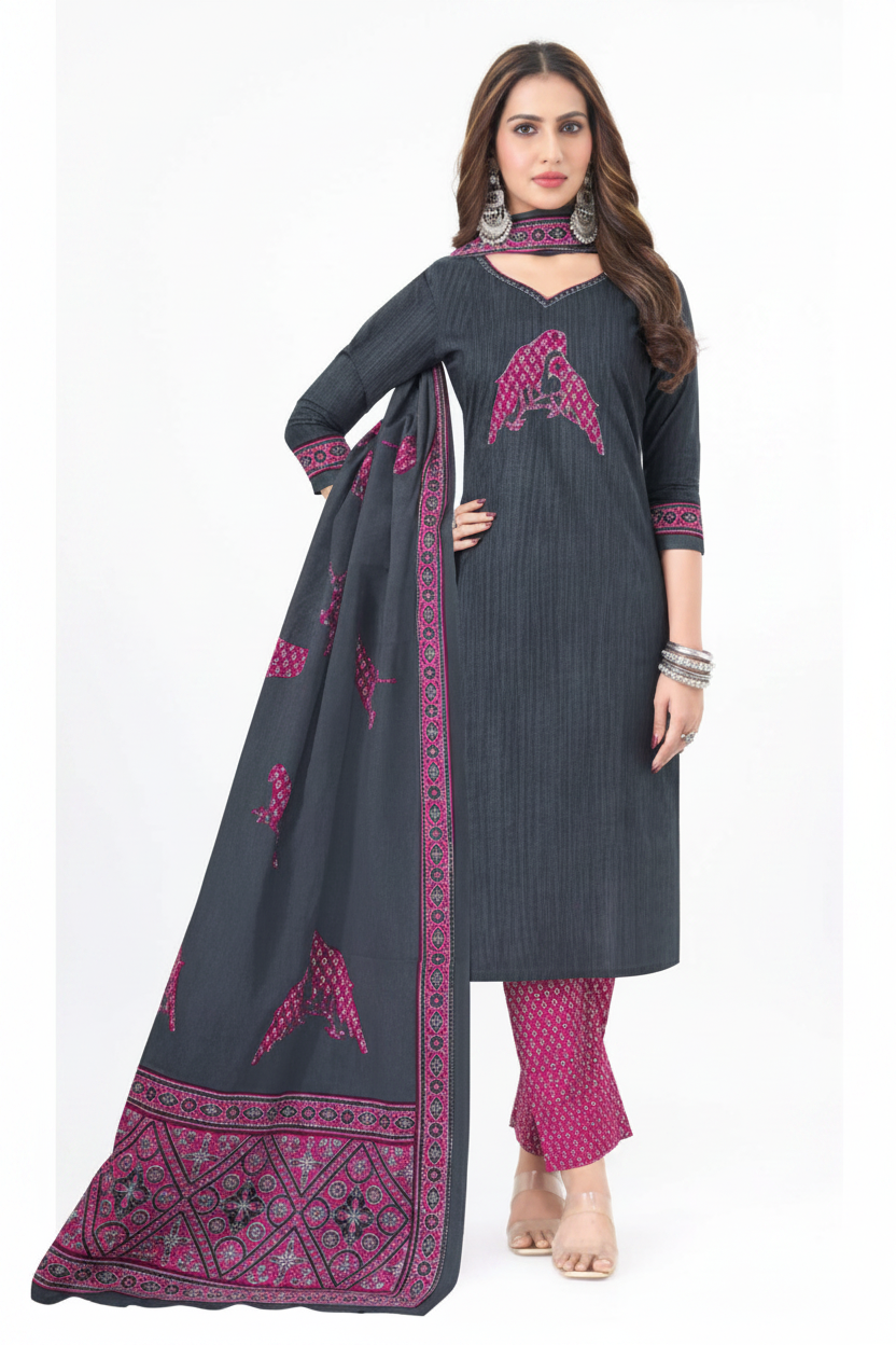 Charcoal Grey and Pink Printed Cotton Kurti Pant Dupatta Set