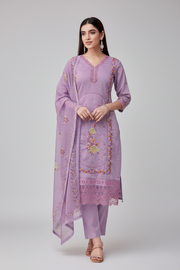 Lavender Cotton Embroidered Kurta Set with Dupatta