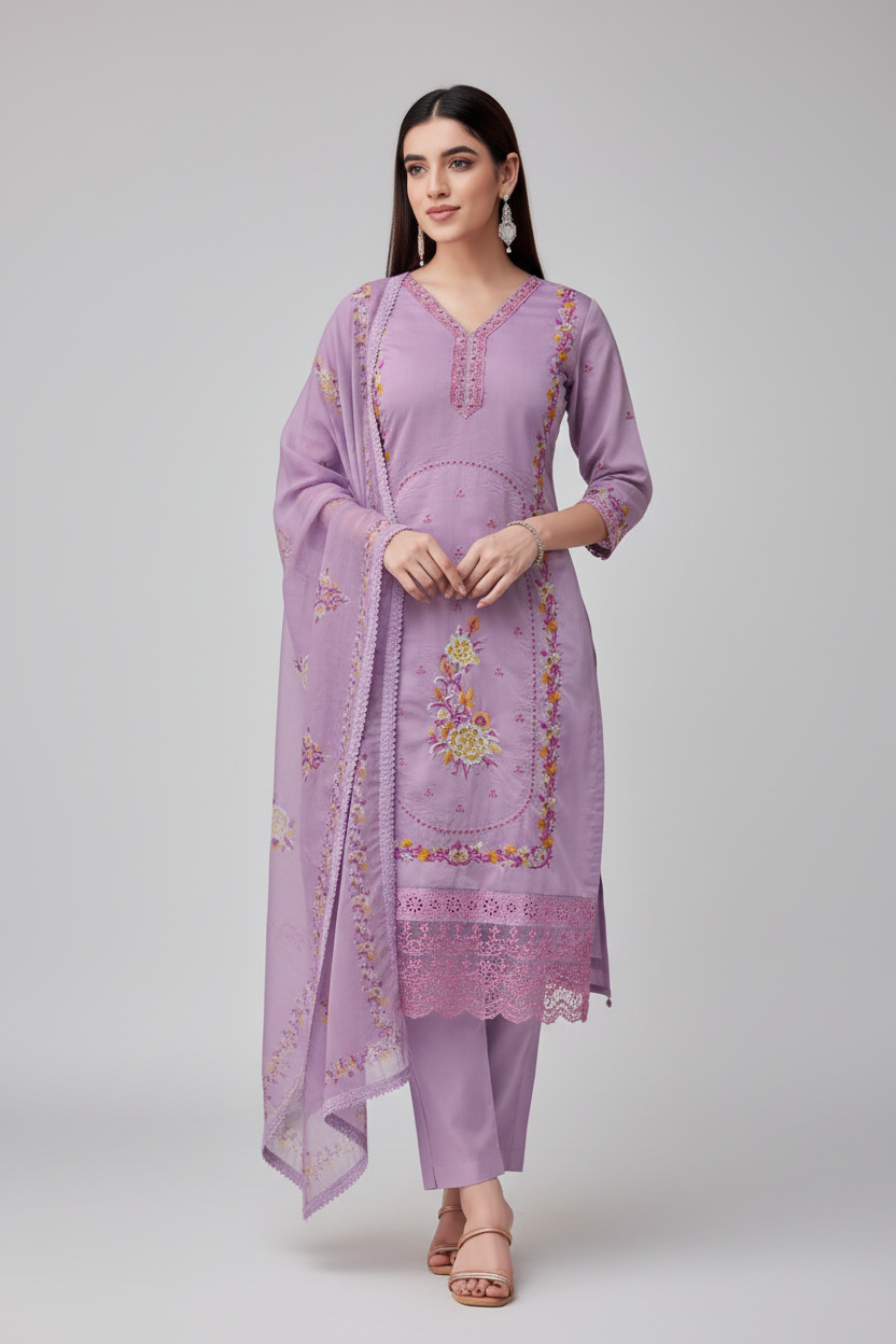 Lavender Cotton Embroidered Kurta Set with Dupatta