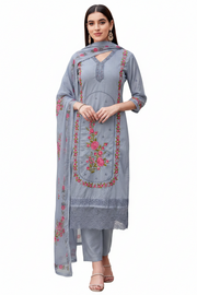 Light Grey Cotton Embroidered Kurta Set with Dupatta