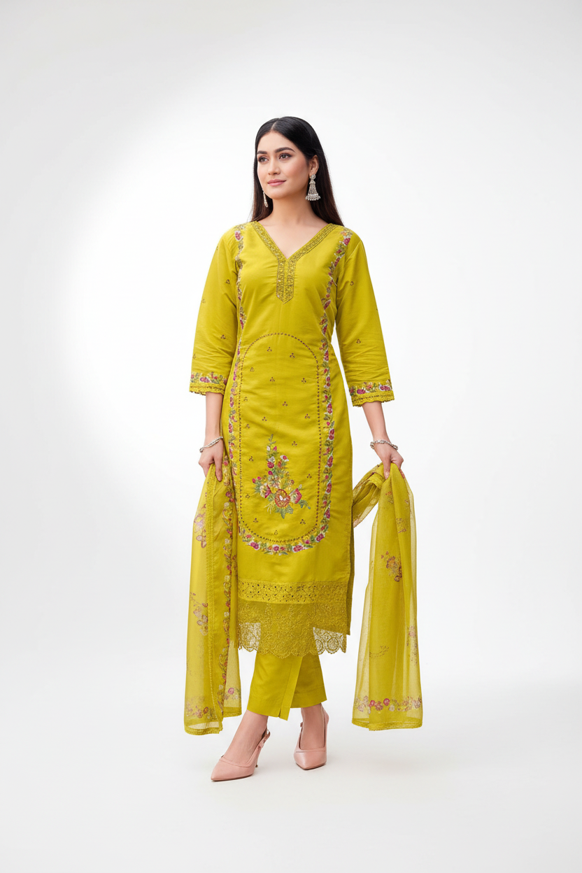 Mustard Yellow Cotton Embroidered Kurta Set with Dupatta