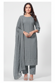Dusty Grey Cotton Embroidered Kurta Set with Dupatta