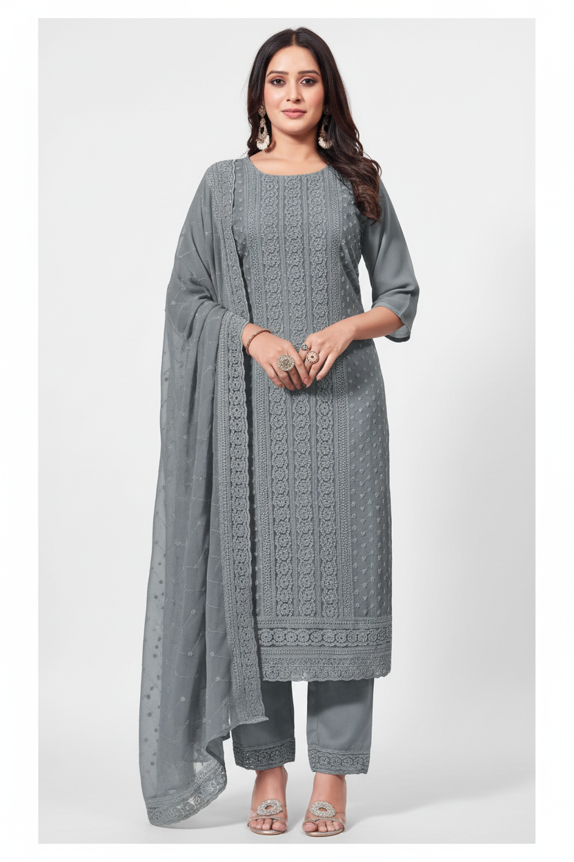 Dusty Grey Cotton Embroidered Kurta Set with Dupatta
